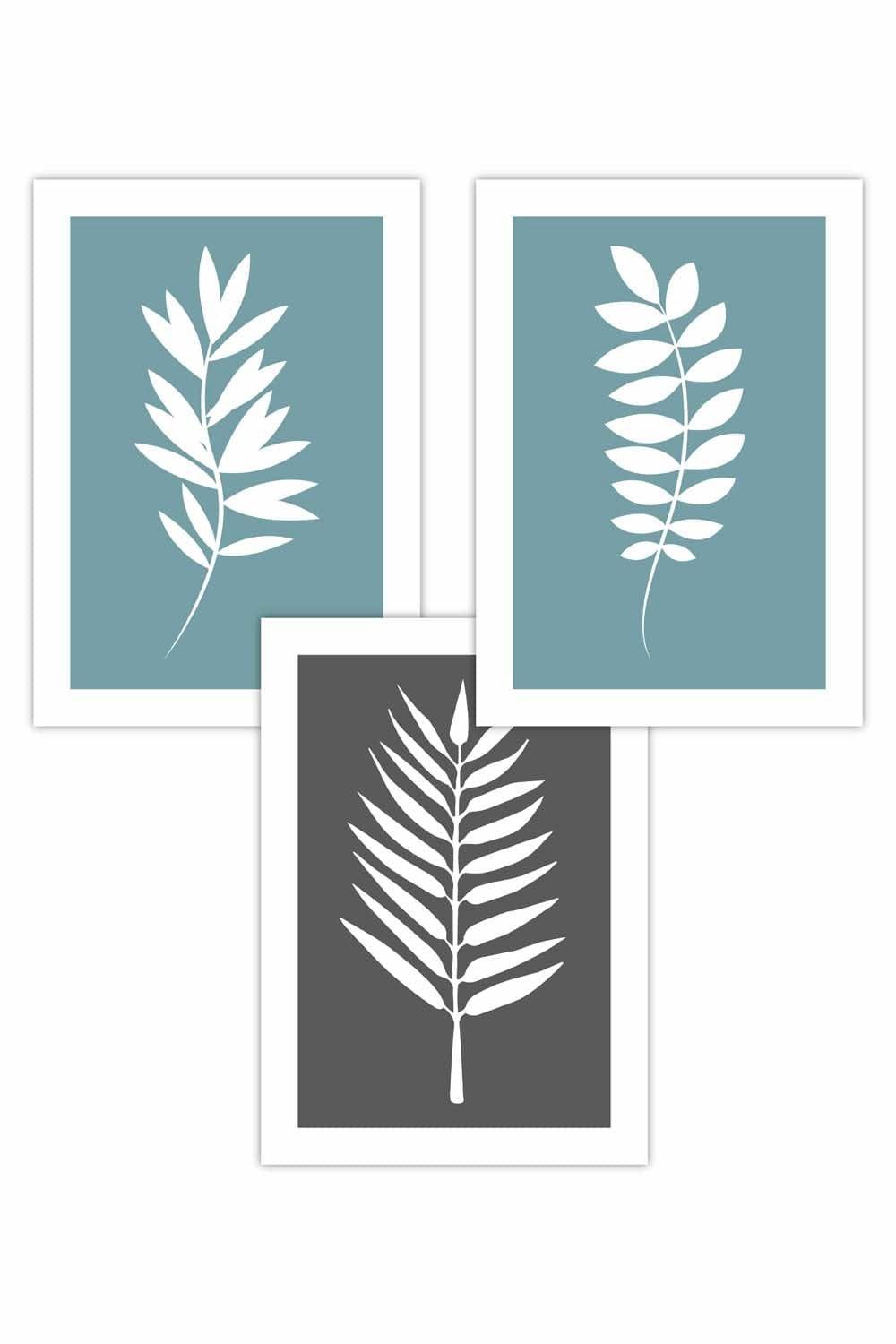Set of 3 Blue Grey Graphical Leaves Art Posters